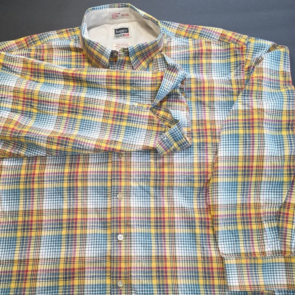 Haggar Button Down Shirt Mens XXL Yellow Plaid Forever New Cotton #Casual